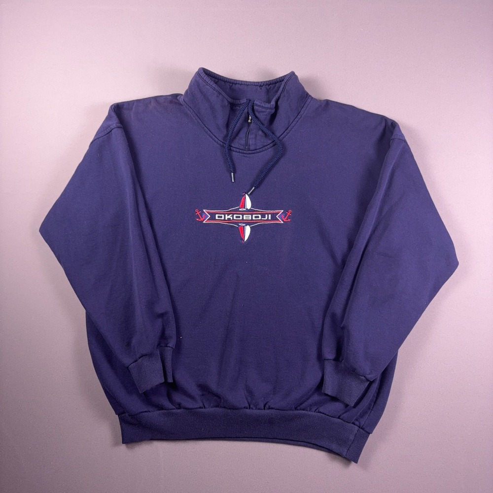 Vintage 90s Cityscape Okoboji Sailboat Quarter Zip Sweatshirt Navy‎ Blue XL